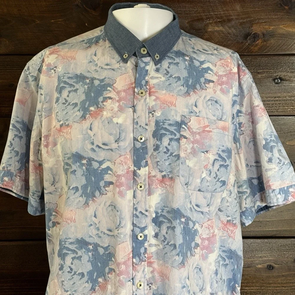 7 Diamonds Shirt  Abstract Print Polyester Cotton Blue Denim Collar Men's Size M